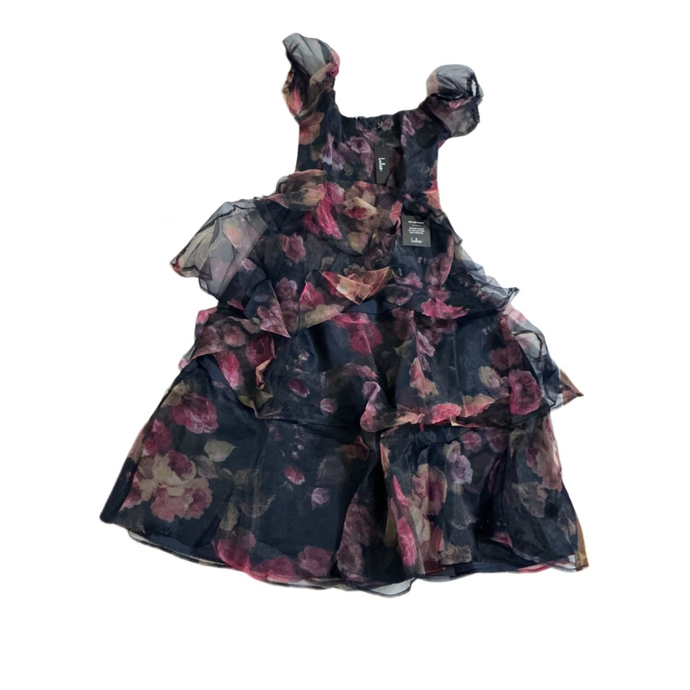 Lulus Navy Berry Floral Organza Tiered Ruffle Puff Sleeve Mini Dress Women's S N